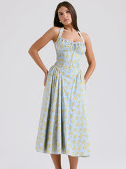 Soft Blue Vintage Floral Print Backless Tank Dress Newgew Dresses