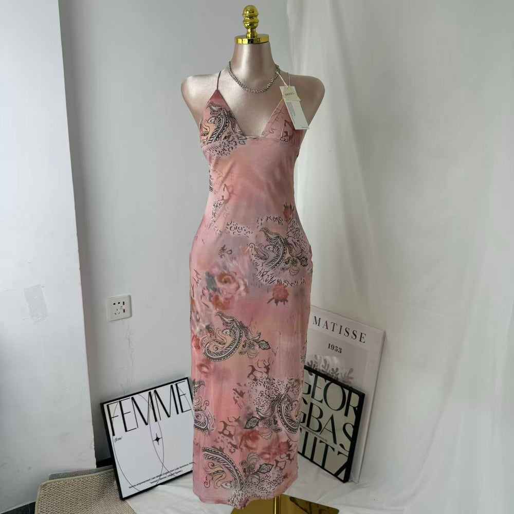 Neck-Length Fitted Printed A-Line Dress PinTow