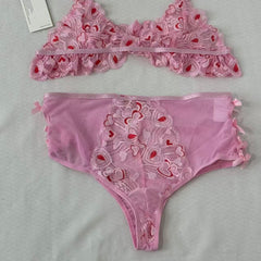 Mesh Heart Embroidery Hollow-Out Lingerie Set PinTow