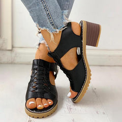 Peep Toe Cutout Zipper Chunky Heeled Sandals NewGew