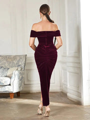Off-Shoulder Ruched Slit Dress Newgew Dresses