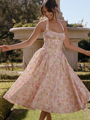 Pink Meadow Print Backless Midi Tank Dress Newgew Dresses