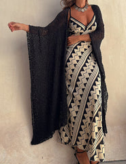 Exclusive Melody Satin Ethnic Print Smocked Back Midi Dress Newgew Dresses