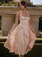 Pink Meadow Print Backless Midi Tank Dress Newgew Dresses