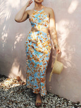 Knotted Cut Out Midi Dress in Baby Blue and Orange Floral Newgew Dresses