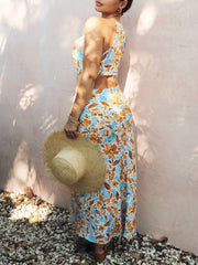 Knotted Cut Out Midi Dress in Baby Blue and Orange Floral Newgew Dresses