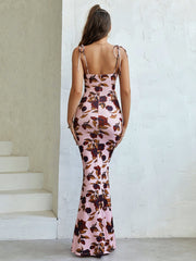 Tie Shoulder Fishtail Hem Floral Print Prom Dress Newgew Dresses