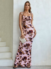 Tie Shoulder Fishtail Hem Floral Print Prom Dress Newgew Dresses