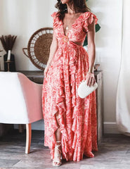 Butterfly Sleeve Print Ruffle Slit Dress Newgew Dresses