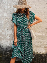 Floral Midi Dress Stretch Sash Jewel Neck Short Sleeves Bohemian Newgew Dresses