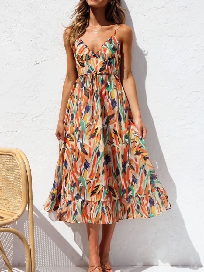 Floral Ruffle-Trim Midi Tank Dress Newgew Dresses