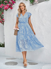 Rebecca V-Neck A-Line Dress: Floral Flutter Sleeve Surplice Midi Newgew Dresses