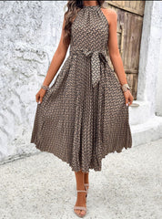 Women's Patterned Sleeveless Halterneck Midi Dress with Waist Tie Newgew Dresses