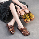 Women Retro Casual Flower Leather Flat Slides Newgew Shoes