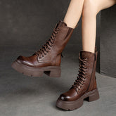 Women Retro Classic Leather Platform Mid-Calf Boots Newgew Shoes
