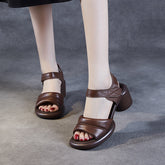 Women Retro Casual Leather Chunky Heel Sandals Newgew Shoes