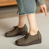 Women Retro Leather Square Head Low Wedge Shoes Newgew Shoes