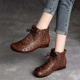 Women Retro Casual Hollow Leather Flat Ankle Boots Newgew Shoes