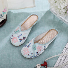 Women's Flat Soft Bottom Retro Button Embroidery Ancient Canvas Shoes Newgew