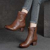 Women Retro Figured Leather Chunky Heel Mid-Calf Boots Newgew Shoes