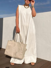 Solid Color Loose Casual Sleeveless Round Neck Wide Leg Trousers Jumpsuit Newgew Dresses