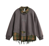 Retro Plaid-Layered Distressed Sweatshirt Newgew