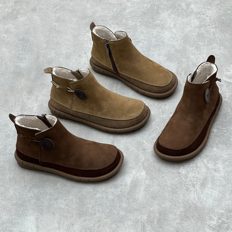 Retro Round Toe Plush Winter Leather Boots Newgew Shoes