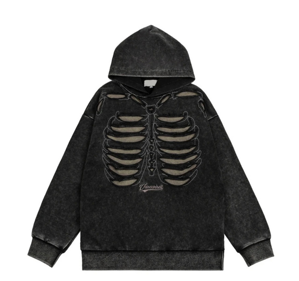 VANCARHELL Skeleton Ribcage Acid Wash Hoodie Newgew