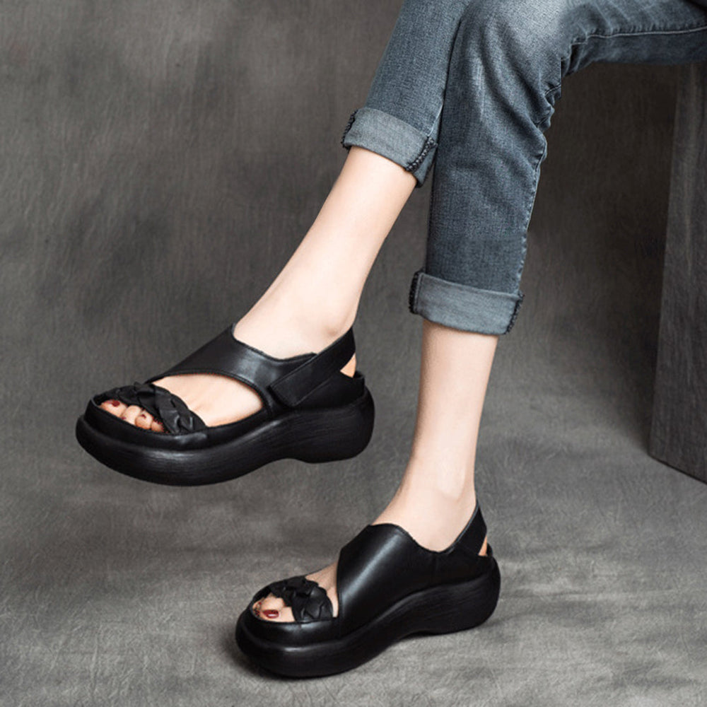 Woven Solid Velcro Leather Sandals Newgew Shoes