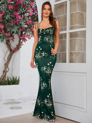 Tie Shoulder Fishtail Hem Floral Print Prom Dress Newgew Dresses