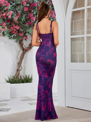 Tie Shoulder Fishtail Hem Floral Print Prom Dress Newgew Dresses