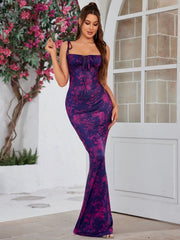 Tie Shoulder Fishtail Hem Floral Print Prom Dress Newgew Dresses