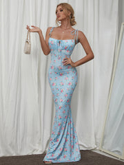 Tie Shoulder Fishtail Hem Floral Print Prom Dress Newgew Dresses