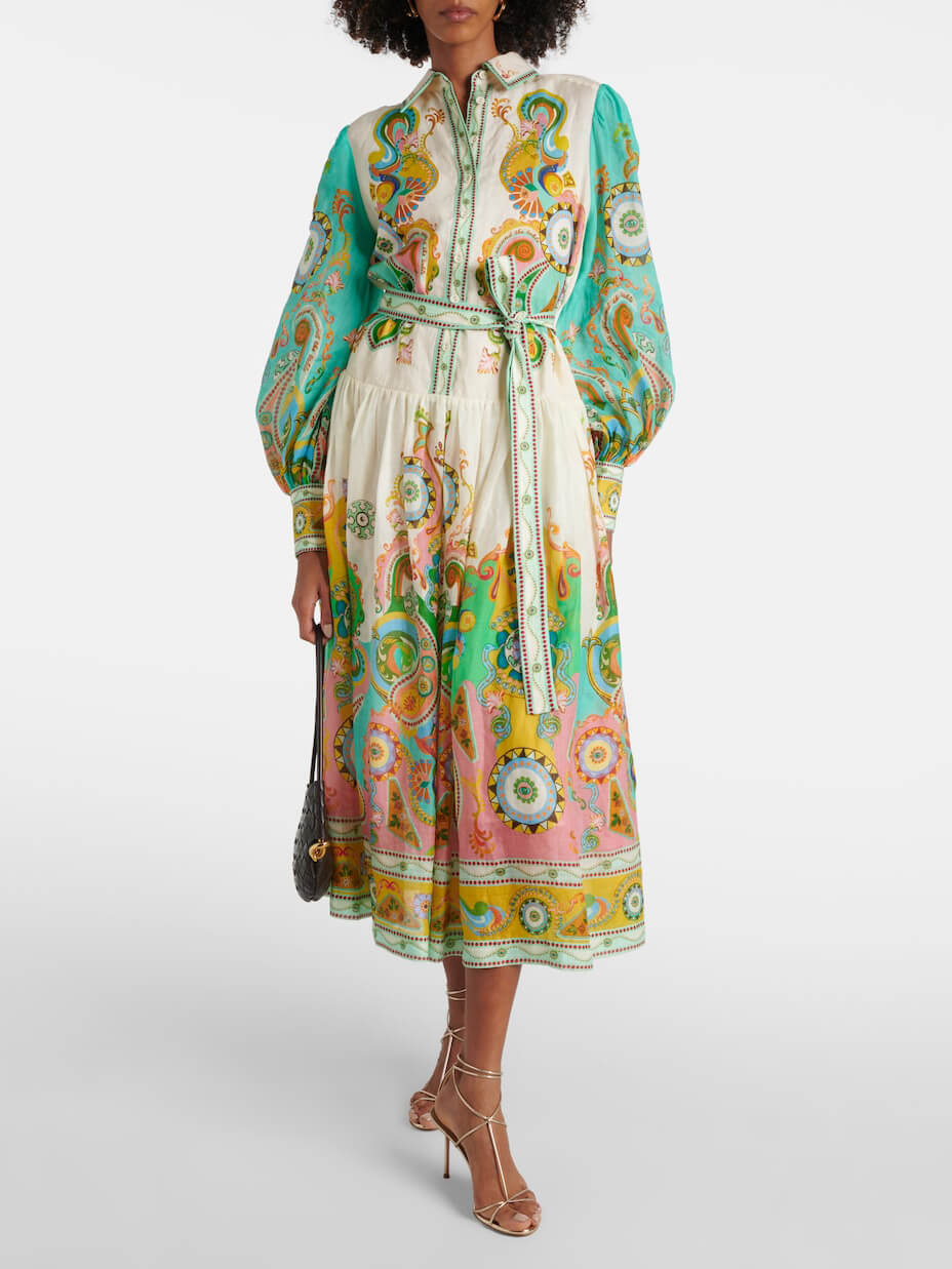 Unique Exquisite Fashion Print Puff Sleeve Tie Midi Dress Newgew Dresses