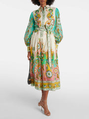 Unique Exquisite Fashion Print Puff Sleeve Tie Midi Dress Newgew Dresses