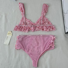 Mesh Heart Embroidery Hollow-Out Lingerie Set PinTow