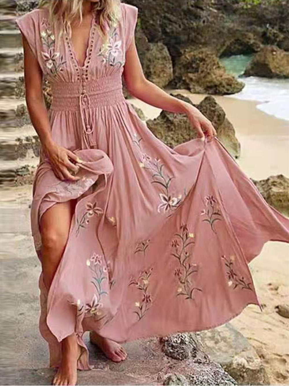 V Neck French Beach Boho Print Dress Newgew Dresses
