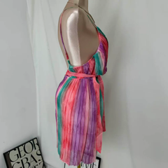 Casual V-Neck Chiffon Dress With Waist Ties PinTow