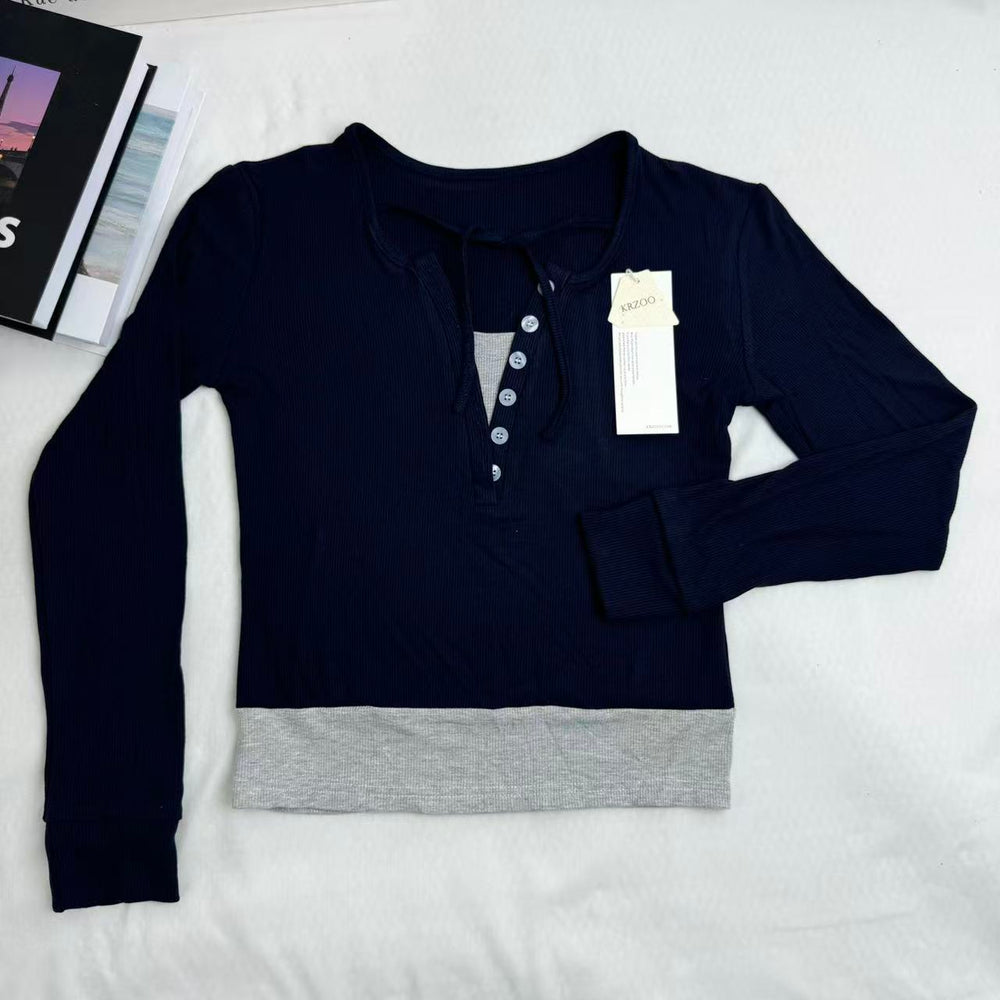 Color-Blocked Faux Two-Piece Long-Sleeved Top PinTow