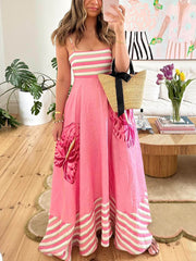 Floral Print Paneled Striped Suspender Mixi Dress Newgew Dresses