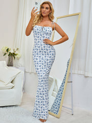 Tie Shoulder Fishtail Hem Floral Print Prom Dress Newgew Dresses