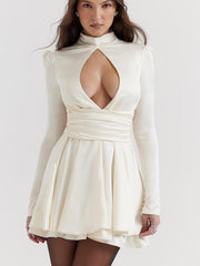 White Lace-Back Bow Detail Long Sleeve Dress Newgew Dresses