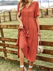 Women's Orange Short Sleeve V-Neck Ruffled Dress Newgew Dresses