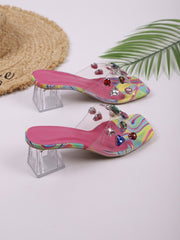 Rhinestone Transparent Strap Mid-Heel Slippers Newgew