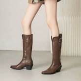 Nayla Brown Block Heel Knee High Boots Newgew