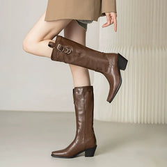 Nayla Brown Block Heel Knee High Boots Newgew