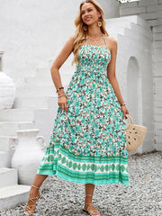 Floral Print Smocked Chest Halter Neck Maxi Dress Newgew Dresses