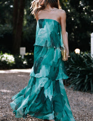 Calista Green Bloom Strapless Tiered Maxi Dress Newgew Dresses