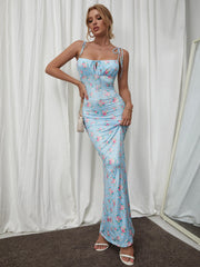 Tie Shoulder Fishtail Hem Floral Print Prom Dress Newgew Dresses