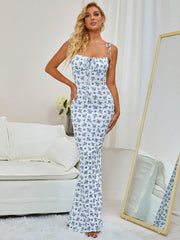Tie Shoulder Fishtail Hem Floral Print Prom Dress Newgew Dresses